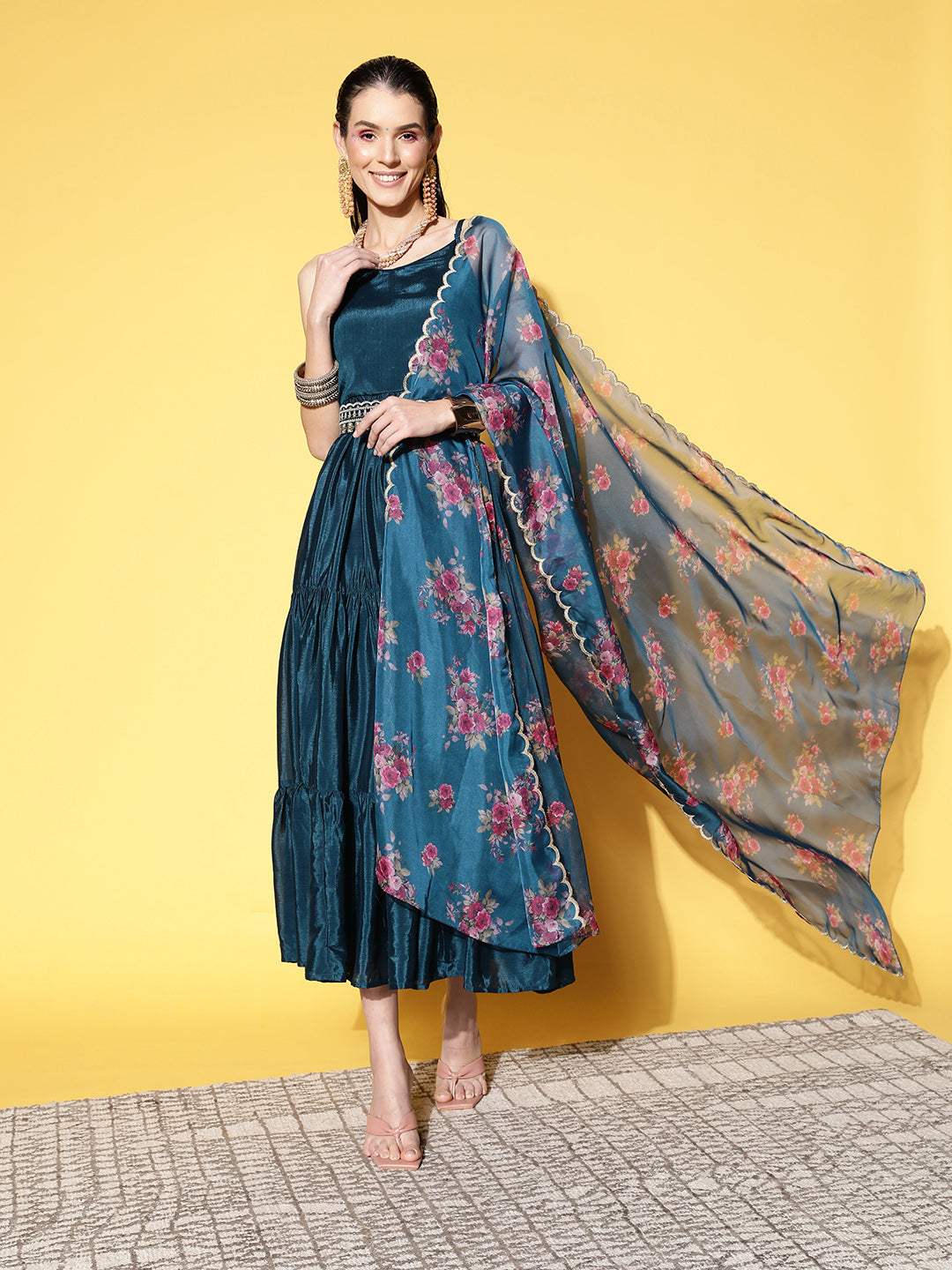Sunehri Women's Silk Blend Teal Solid Fit & Flare Belted Dress with Dupatta