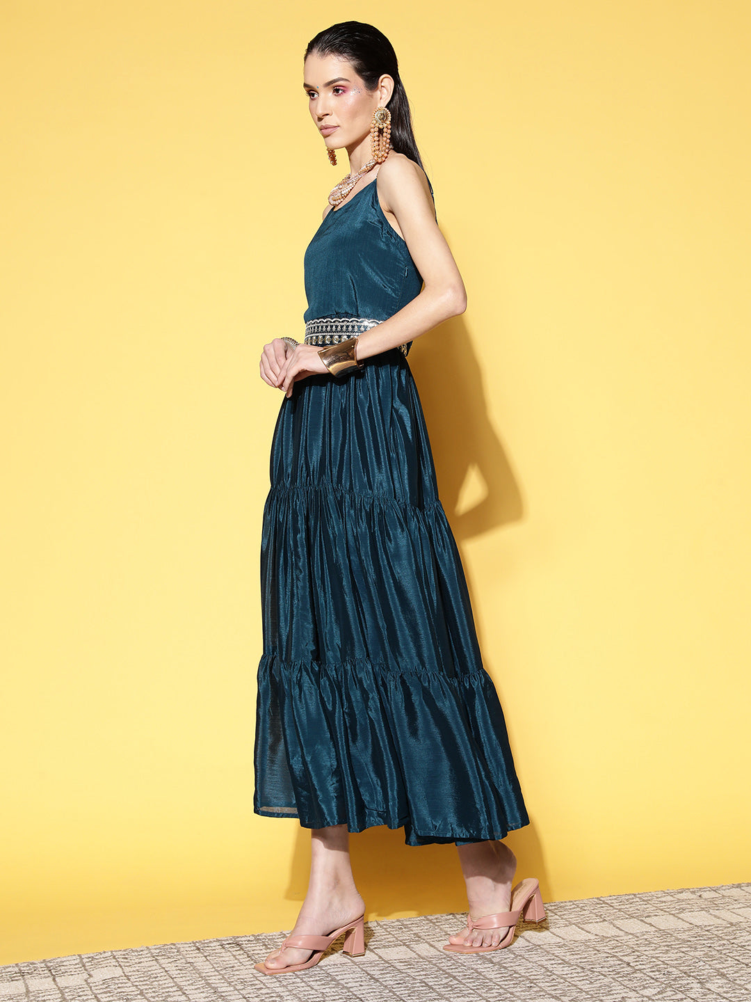 Sunehri Women's Silk Blend Teal Solid Fit & Flare Belted Dress with Dupatta