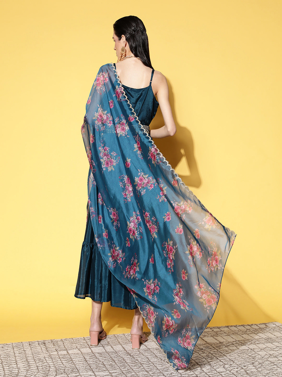 Sunehri Women's Silk Blend Teal Solid Fit & Flare Belted Dress with Dupatta