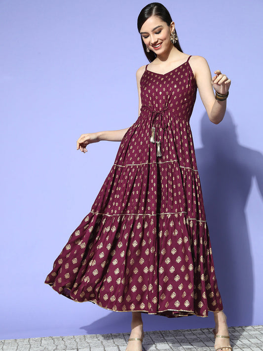 Sunehri Women's Rayon Burgundy Printed Gota Patti A-Line Dress