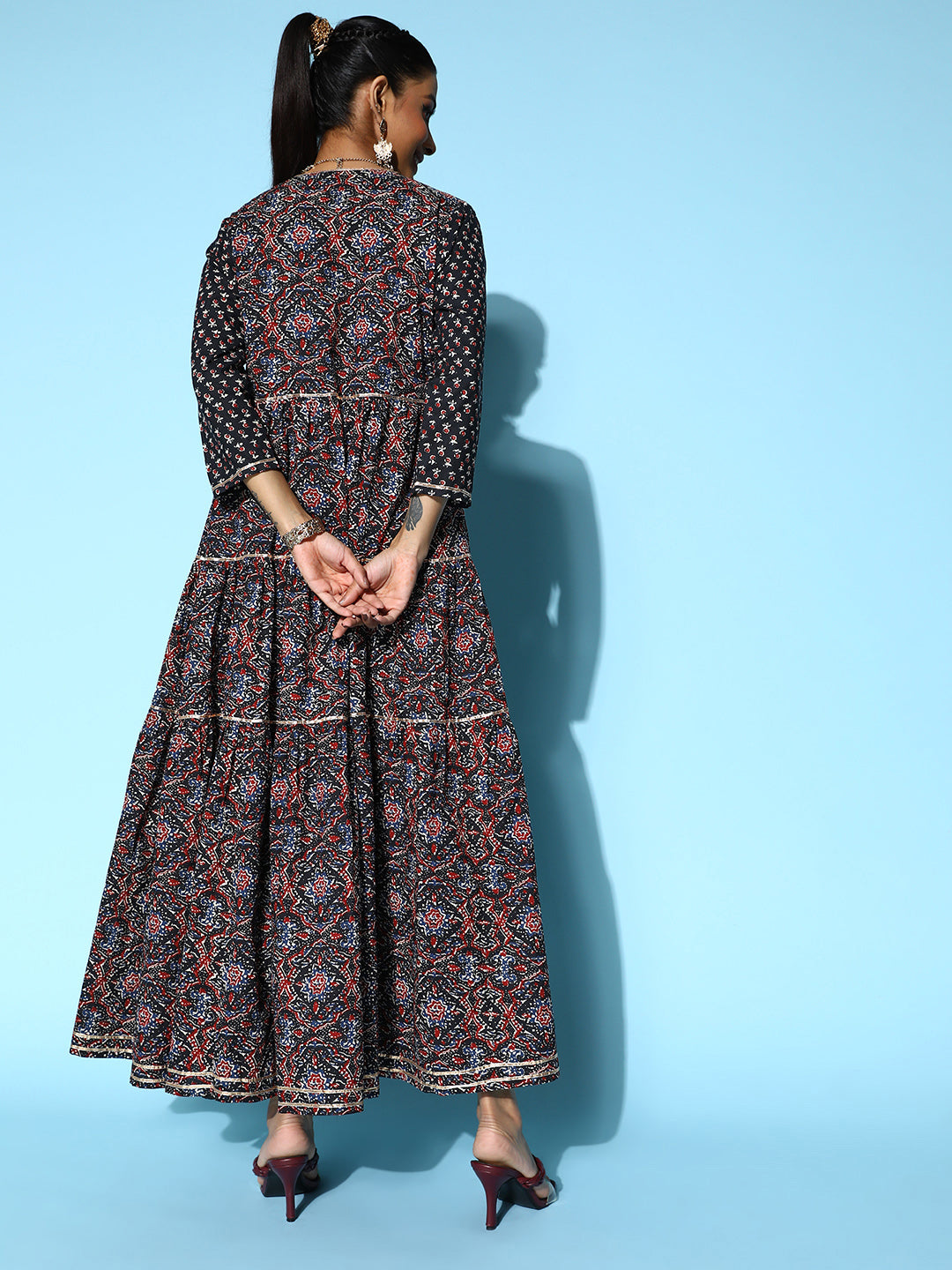 Sunehri Women's Cotton Black Embroidered Anarkali Dress With Ethnic Jacket