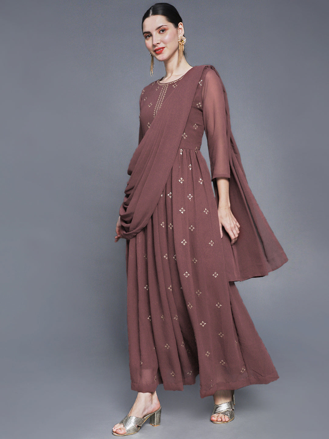 Buy Sunehri Women's Poly Georgette Brown Embroidered Anarkali DressOnline Buy Sunehri Women's Poly Georgette Brown Embroidered Anarkali DressOnline