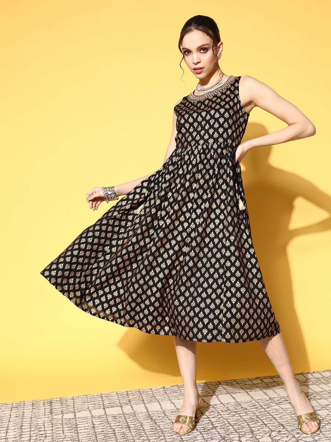 Sunehri Women's Cotton Black & Gold Foil Printed A-Line Dress