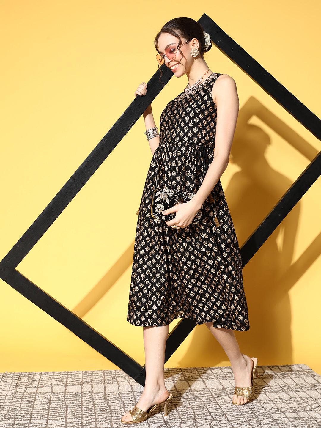 Buy Sunehri Women's Cotton Black & Gold Foil Printed A-Line DressOnline Buy Sunehri Women's Cotton Black & Gold Foil Printed A-Line DressOnline
