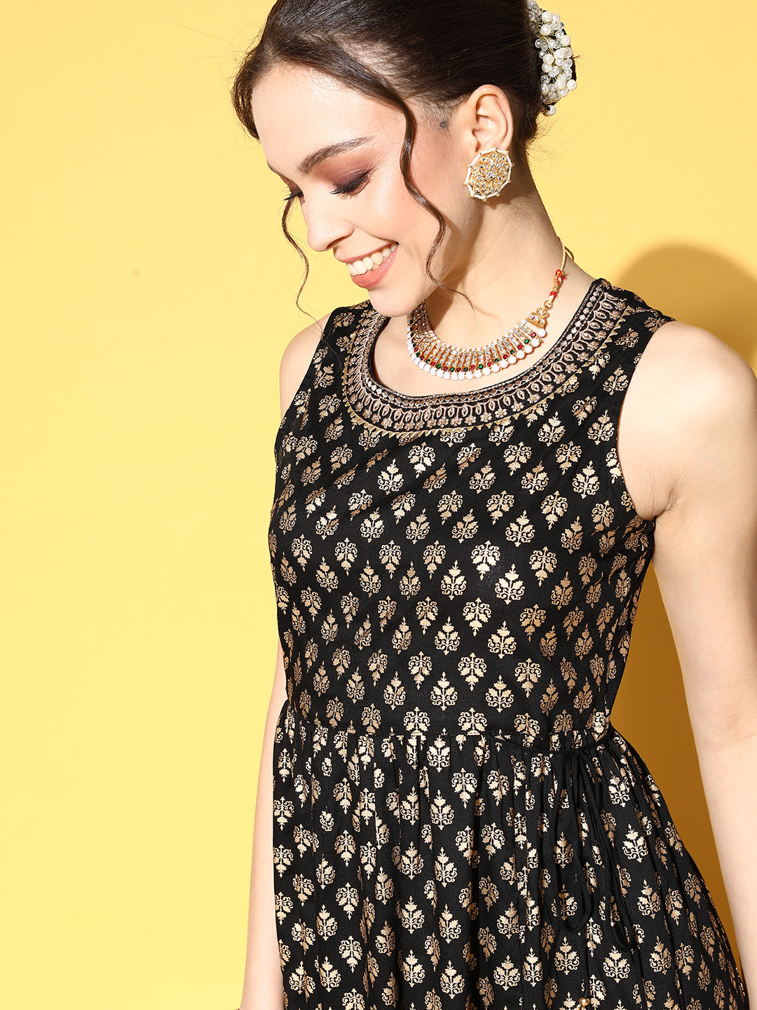 Sunehri Women's Cotton Black & Gold Foil Printed A-Line Dress