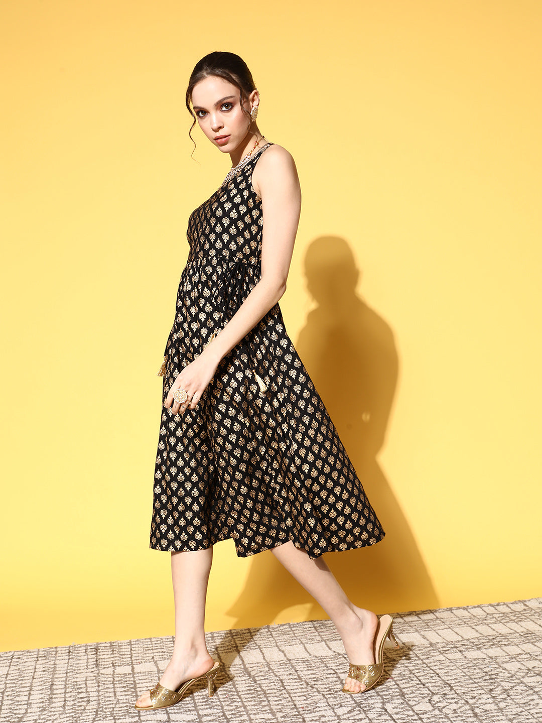 Buy Sunehri Women's Cotton Black & Gold Foil Printed A-Line DressOnline Buy Sunehri Women's Cotton Black & Gold Foil Printed A-Line DressOnline
