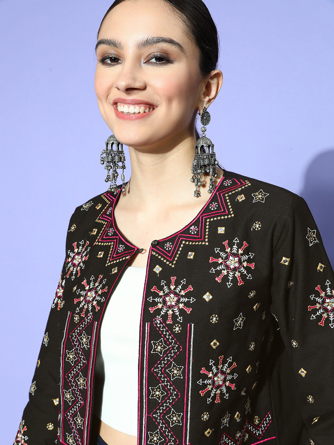Sunehri Women's Cotton Black & Pink Embroidered Jacket