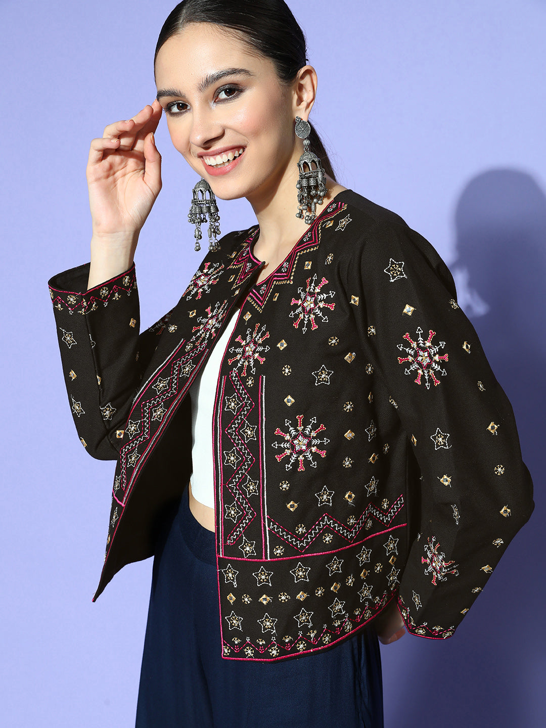Sunehri Women's Cotton Black & Pink Embroidered Jacket