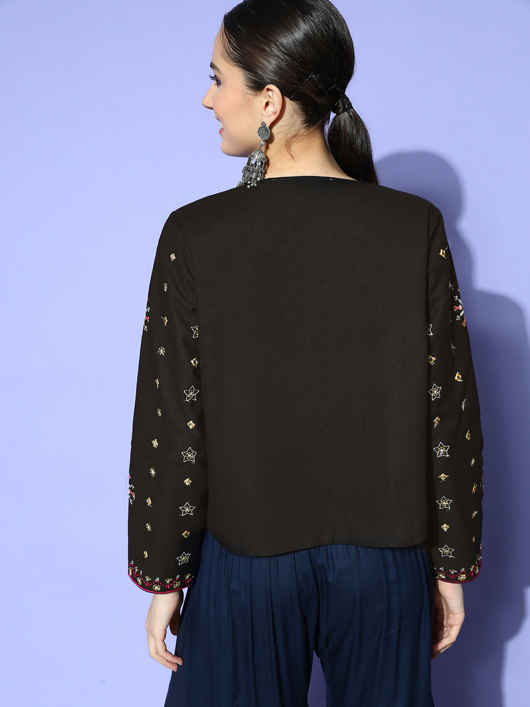 Sunehri Women's Cotton Black & Pink Embroidered Jacket
