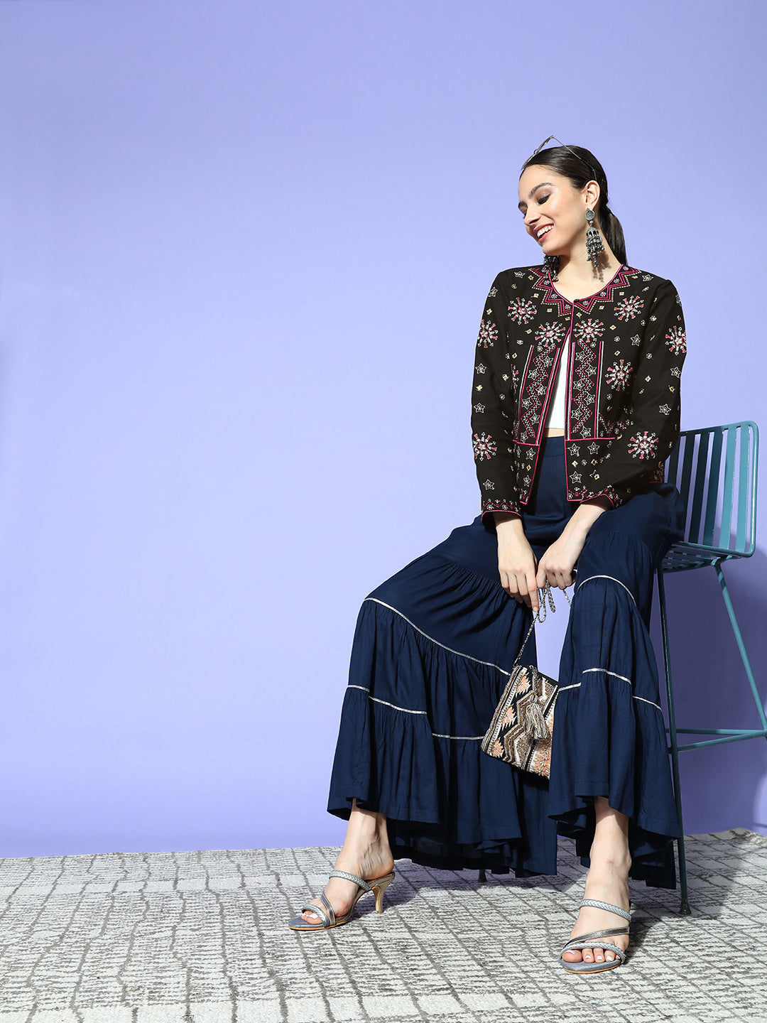 Sunehri Women's Cotton Black & Pink Embroidered Jacket