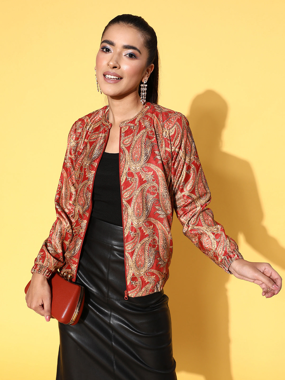 Sunehri Women's Silk Velvet Red Printed Jacket
