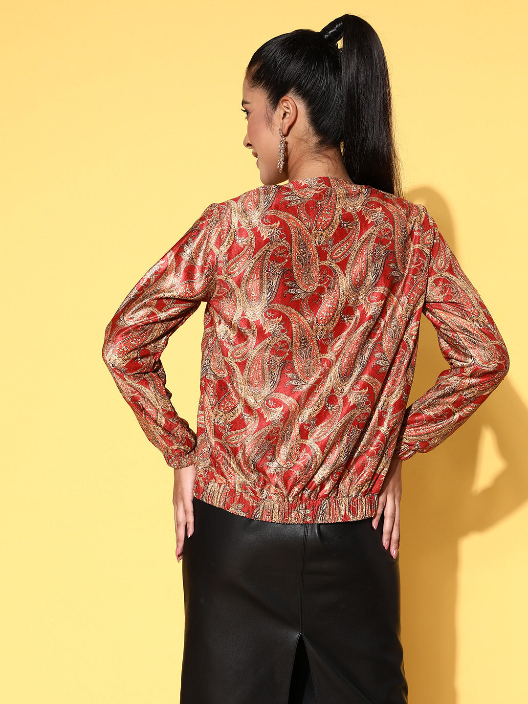 Sunehri Women's Silk Velvet Red Printed Jacket
