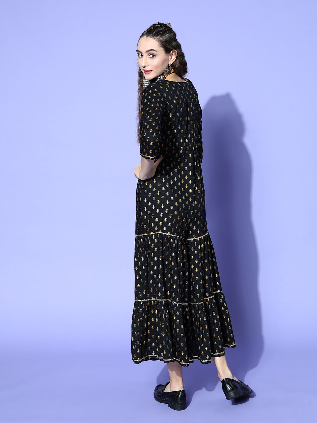 Sunehri Women's Rayon Black Printed Gota Patti Basic Jumpsuit