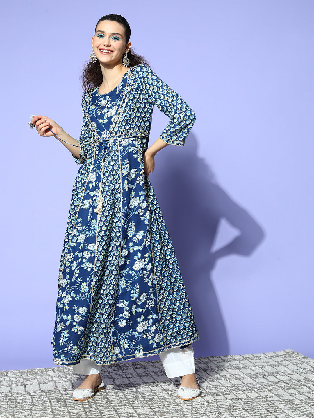 Sunehri Women's Cotton Blue Embellished Anarkali Kurta