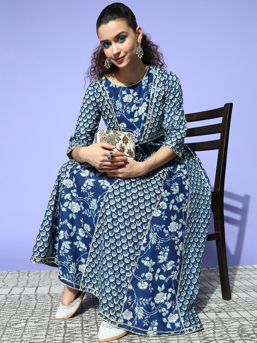 Sunehri Women's Cotton Blue Embellished Anarkali Kurta