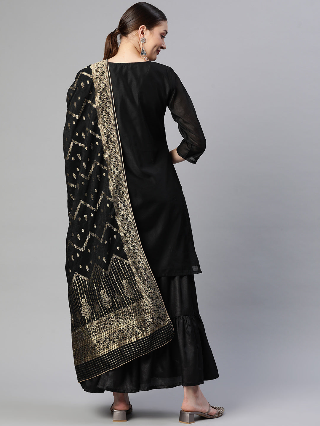 Sunehri Women's Chanderi Silk Black Embroidered A-Line Kurta Sharara Dupatta Set