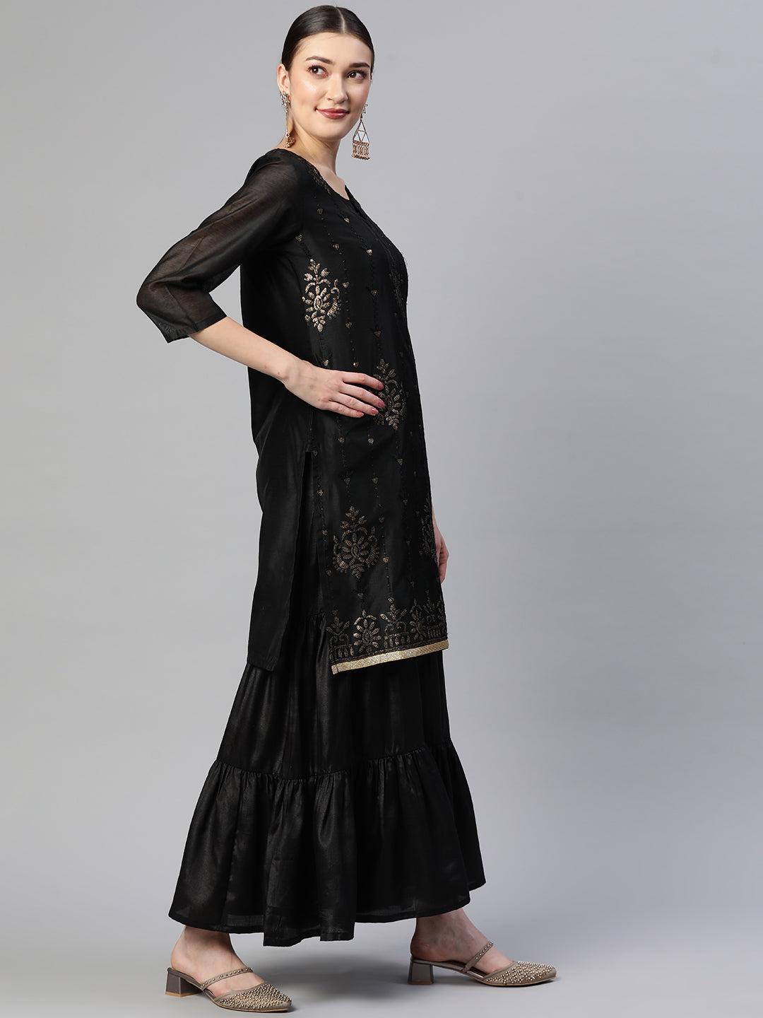 Sunehri Women's Chanderi Silk Black Embroidered A-Line Kurta Sharara Dupatta Set