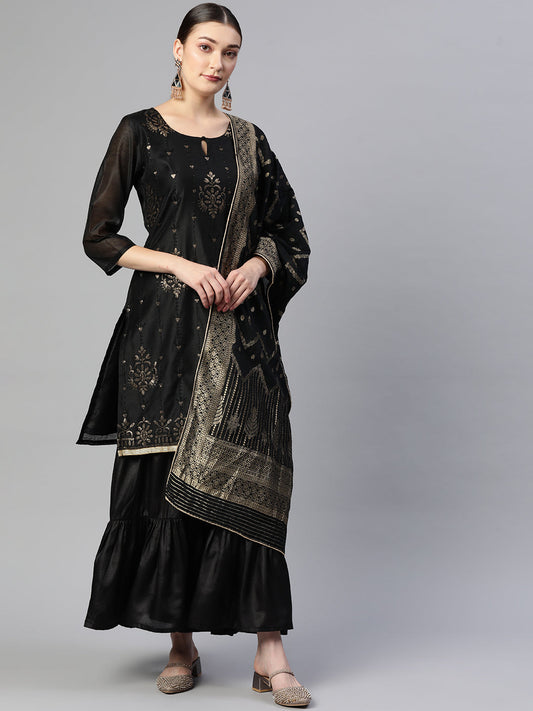 Sunehri Women's Chanderi Silk Black Embroidered A-Line Kurta Sharara Dupatta Set