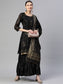 Sunehri Women's Chanderi Silk Black Embroidered A-Line Kurta Sharara Dupatta Set