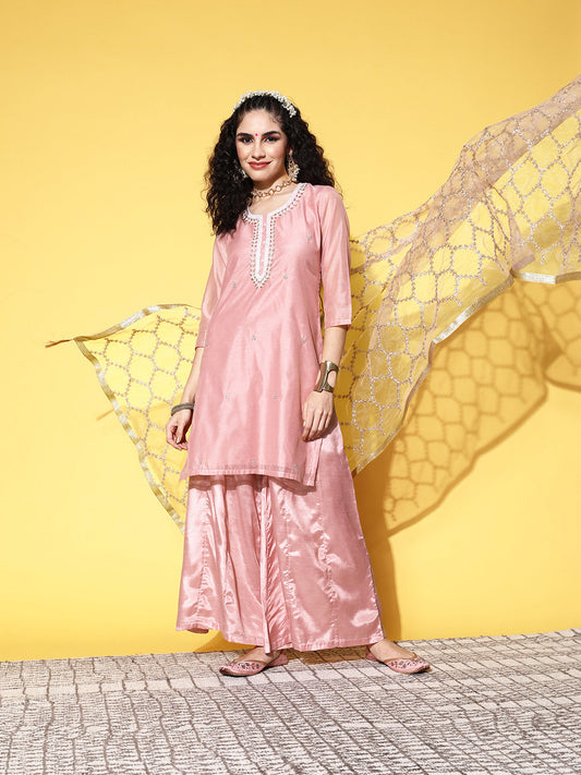 Sunehri Women's Chanderi Silk Mauve Embellished A-Line Kurta Sharara Dupatta Set