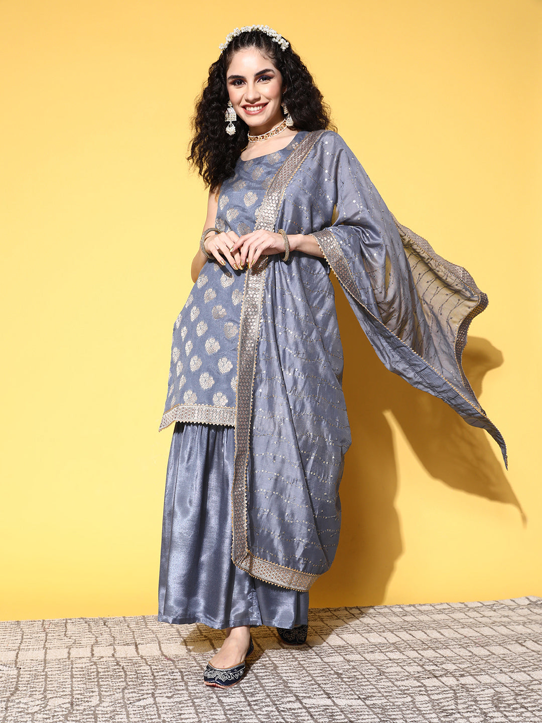 Sunehri Women's Silk Blend Grey Woven Design A-Line Kurta Sharara Dupatta Set