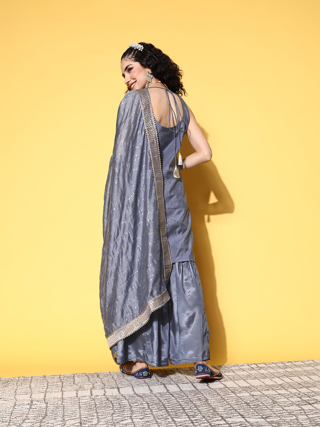 Sunehri Women's Silk Blend Grey Woven Design A-Line Kurta Sharara Dupatta Set