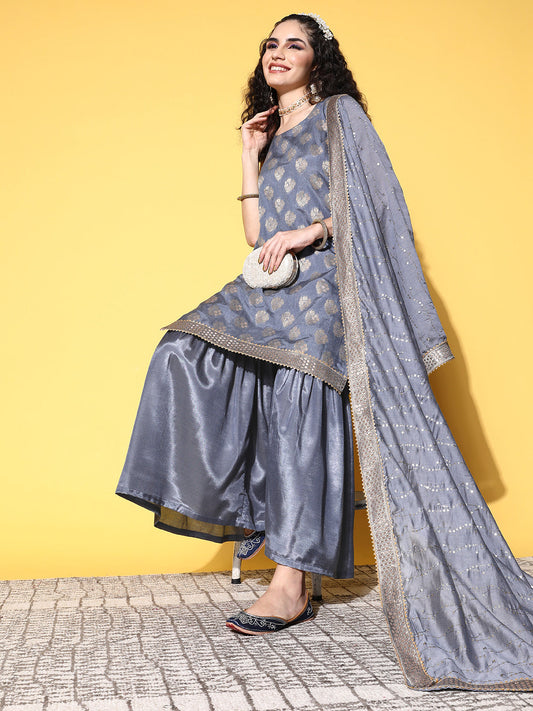 Sunehri Women's Silk Blend Grey Woven Design A-Line Kurta Sharara Dupatta Set