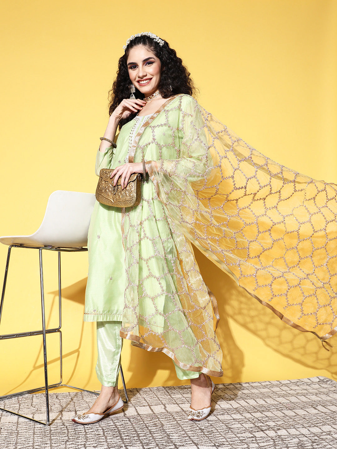 Sunehri Women's Chanderi Silk Green Embellished A-Line Kurta Trouser Dupatta Set