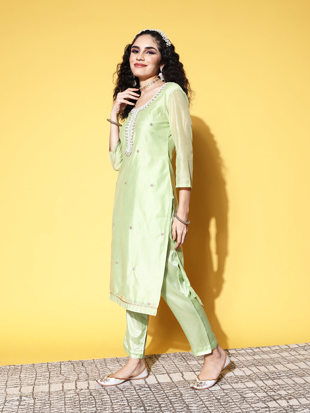Sunehri Women's Chanderi Silk Green Embellished A-Line Kurta Trouser Dupatta Set
