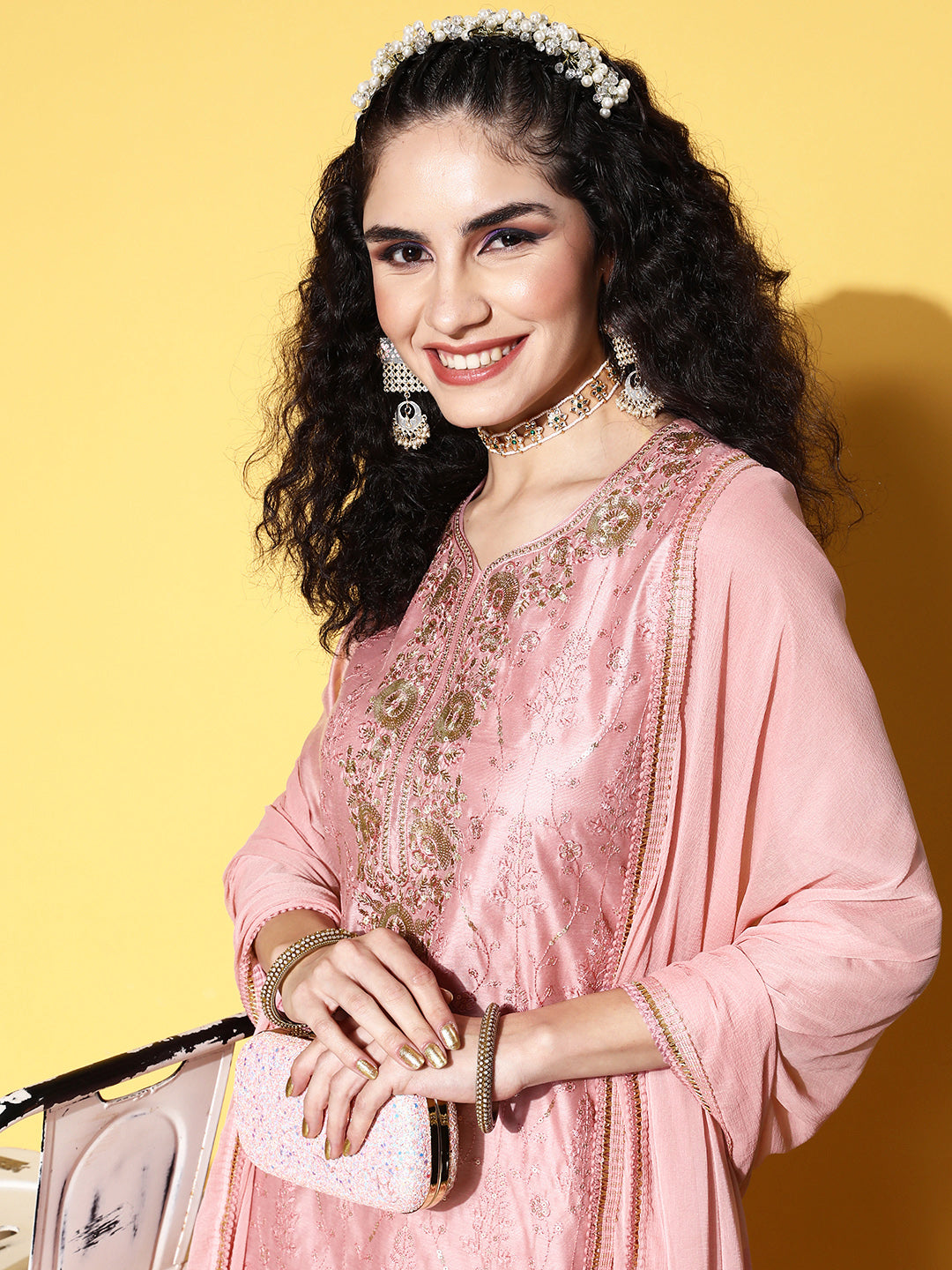 Sunehri Women's Chanderi Silk Mauve Embroidered A-Line Kurta Sharara Dupatta Set