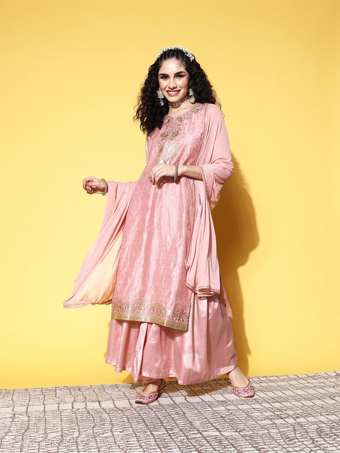 Sunehri Women's Chanderi Silk Mauve Embroidered A-Line Kurta Sharara Dupatta Set