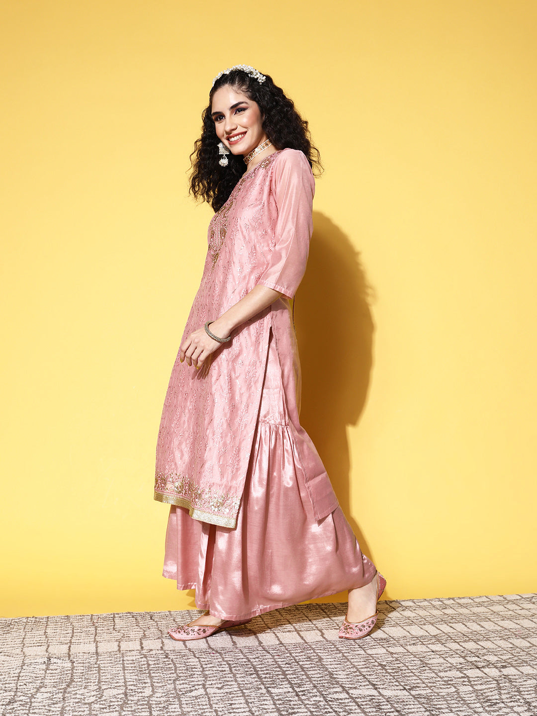Sunehri Women's Chanderi Silk Mauve Embroidered A-Line Kurta Sharara Dupatta Set