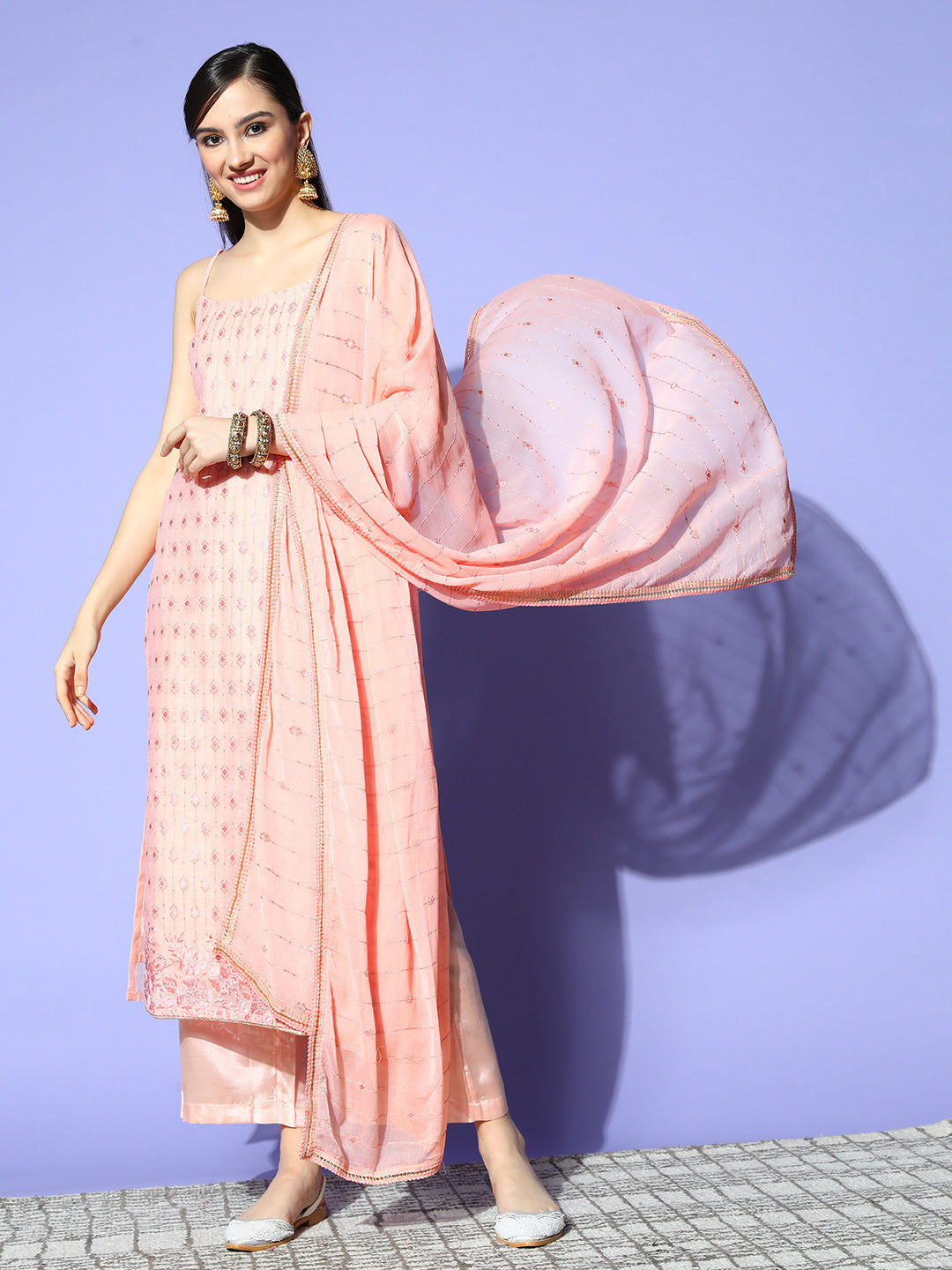 Sunehri Women's Chanderi Silk Peach Embellished A-Line Kurta Palazzo Dupatta Set