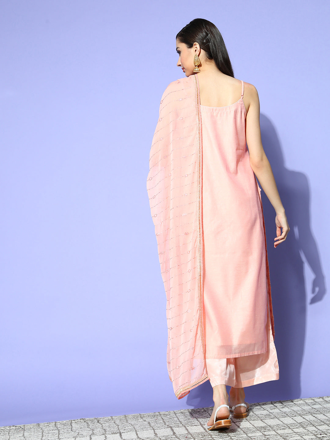 Buy Sunehri Women's Chanderi Silk Peach Embellished A-Line Kurta ...