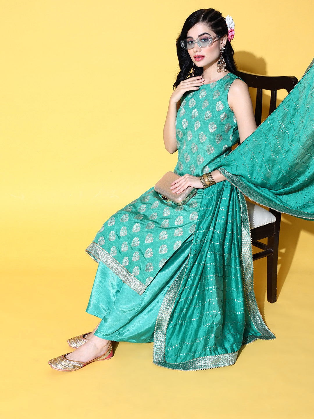 Sunehri Women's Brocade Turquoise Woven Design A-Line Kurta Palazzo Dupatta Set
