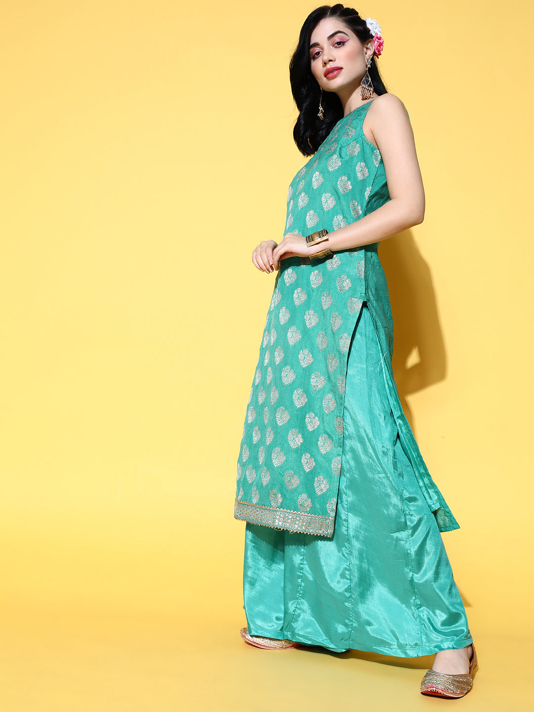 Sunehri Women's Brocade Turquoise Woven Design A-Line Kurta Palazzo Dupatta Set