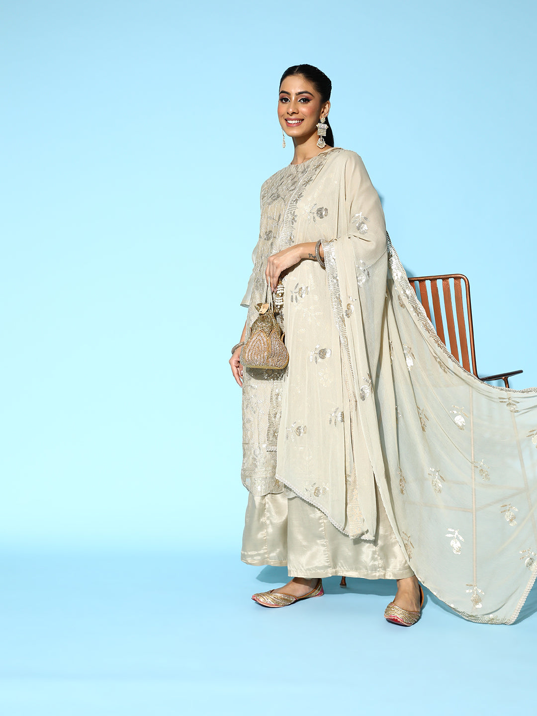 Sunehri Women's Chanderi Silk Grey Embroidered A-Line Kurta Sharara Dupatta Set