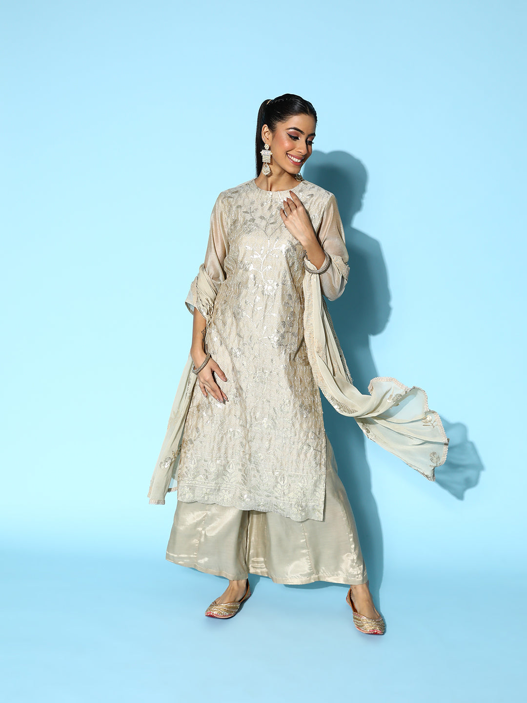 Sunehri Women's Chanderi Silk Grey Embroidered A-Line Kurta Sharara Dupatta Set