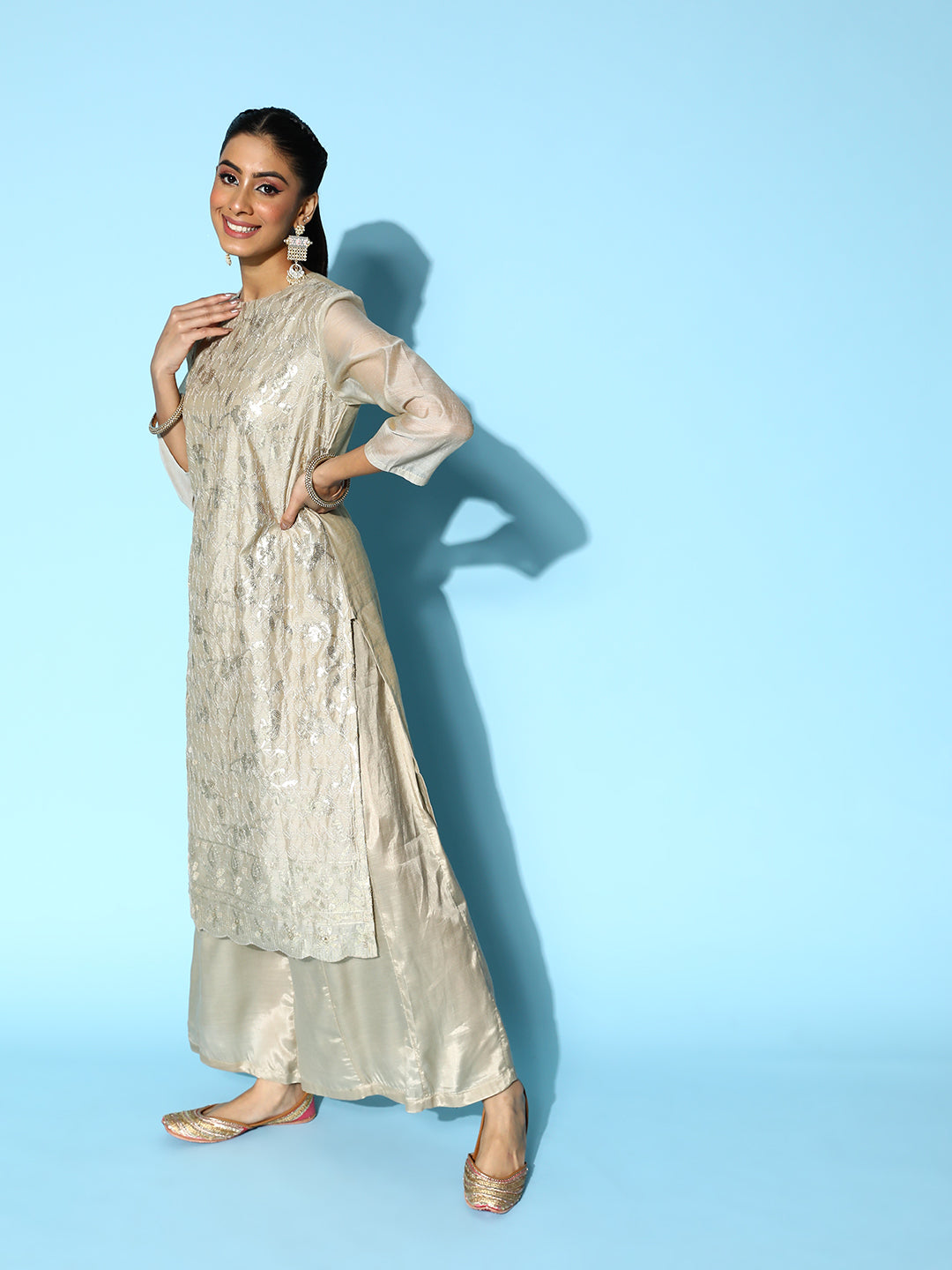Sunehri Women's Chanderi Silk Grey Embroidered A-Line Kurta Sharara Dupatta Set