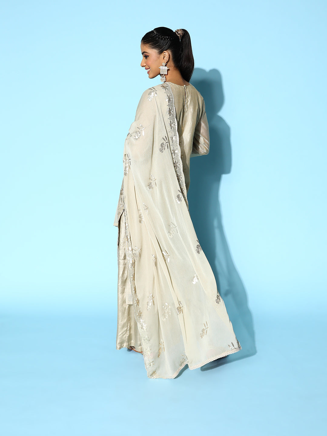 Sunehri Women's Chanderi Silk Grey Embroidered A-Line Kurta Sharara Dupatta Set
