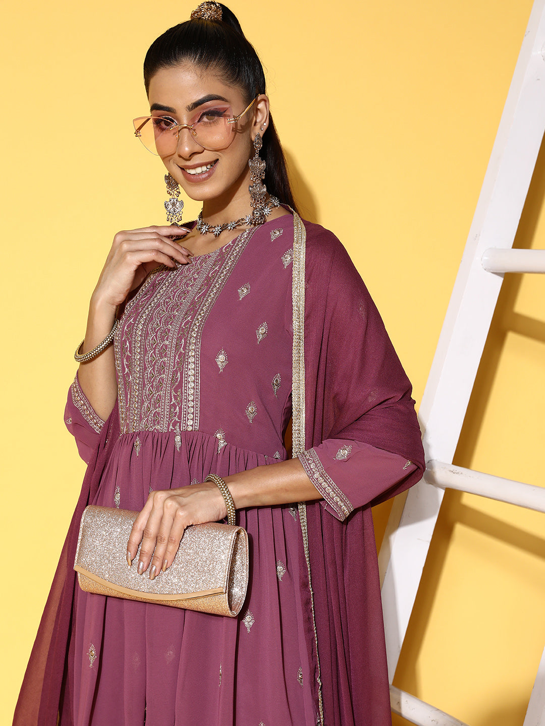 Sunehri Women's Poly Georgette Mauve Embroidered Peplum Kurta Sharara Dupatta Set
