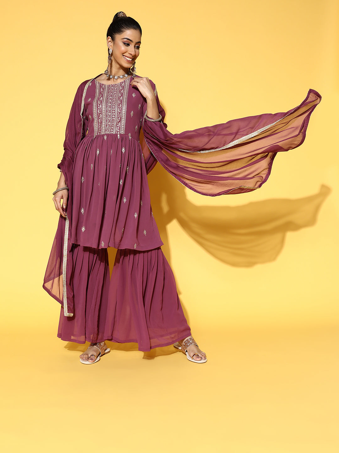 Sunehri Women's Poly Georgette Mauve Embroidered Peplum Kurta Sharara Dupatta Set