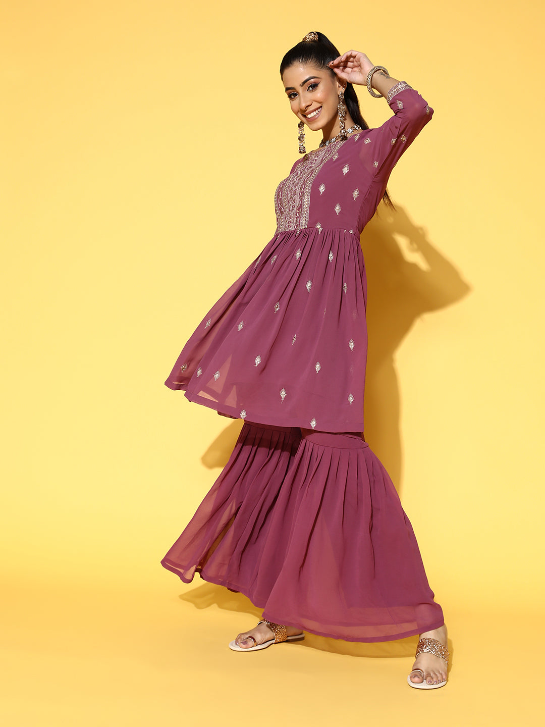 Sunehri Women's Poly Georgette Mauve Embroidered Peplum Kurta Sharara Dupatta Set