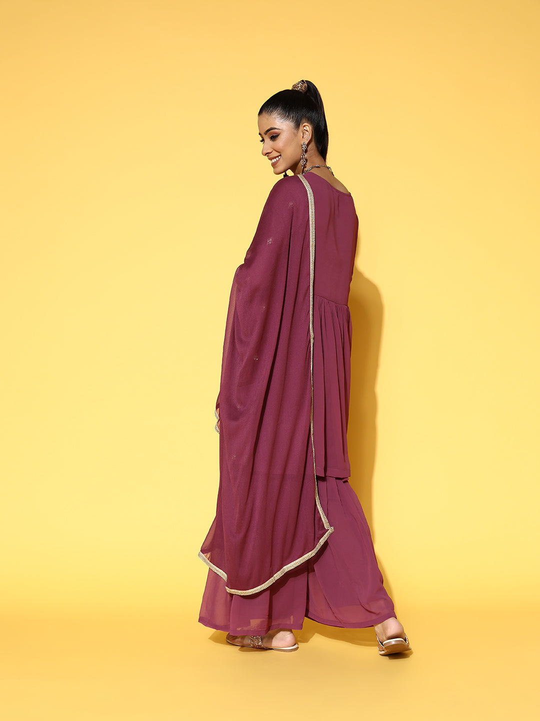 Sunehri Women's Poly Georgette Mauve Embroidered Peplum Kurta Sharara Dupatta Set