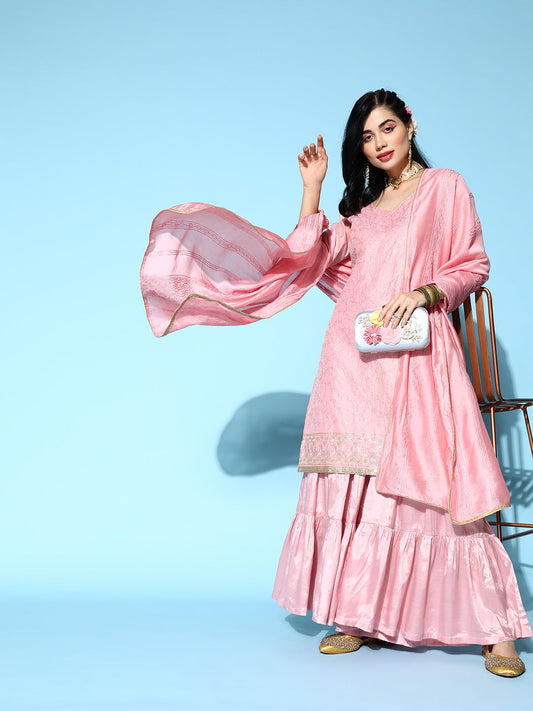 Sunehri Women's Chanderi Silk Pink Embroidered A-Line Kurta Sharara Dupatta Set