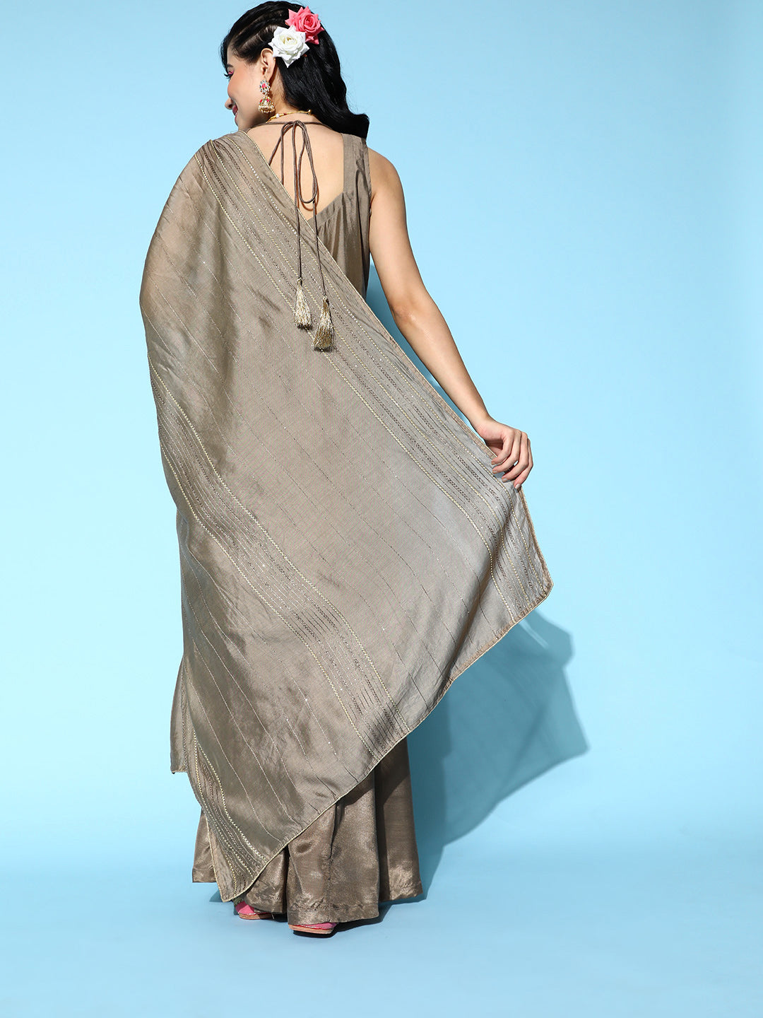 Sunehri Women's Silk Blend Brown Embroidered A-Line Kurta Sharara Dupatta Set