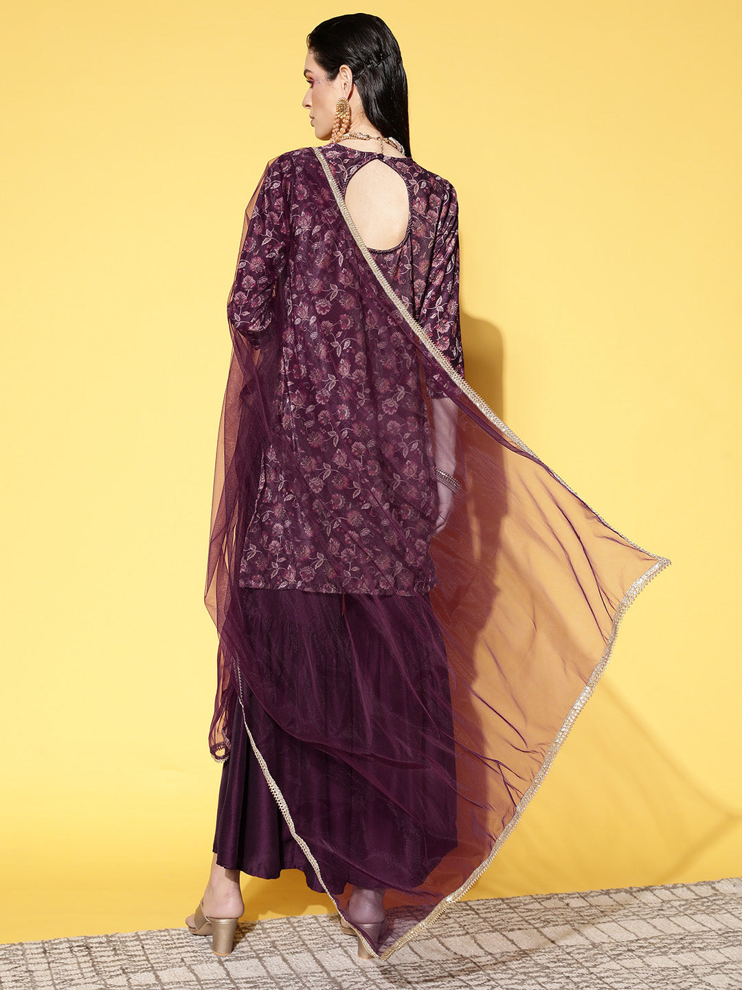 Sunehri Women's Velvet Burgundy Embroidered A-Line Kurta Sharara Dupatta Set