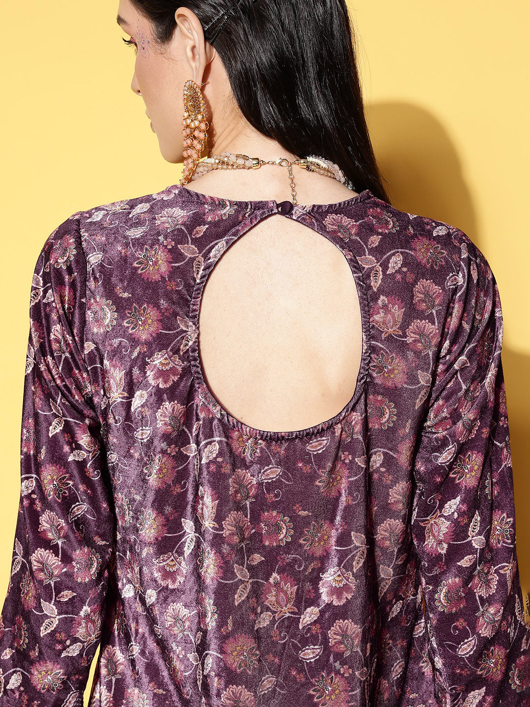 Sunehri Women's Velvet Burgundy Embroidered A-Line Kurta Sharara Dupatta Set