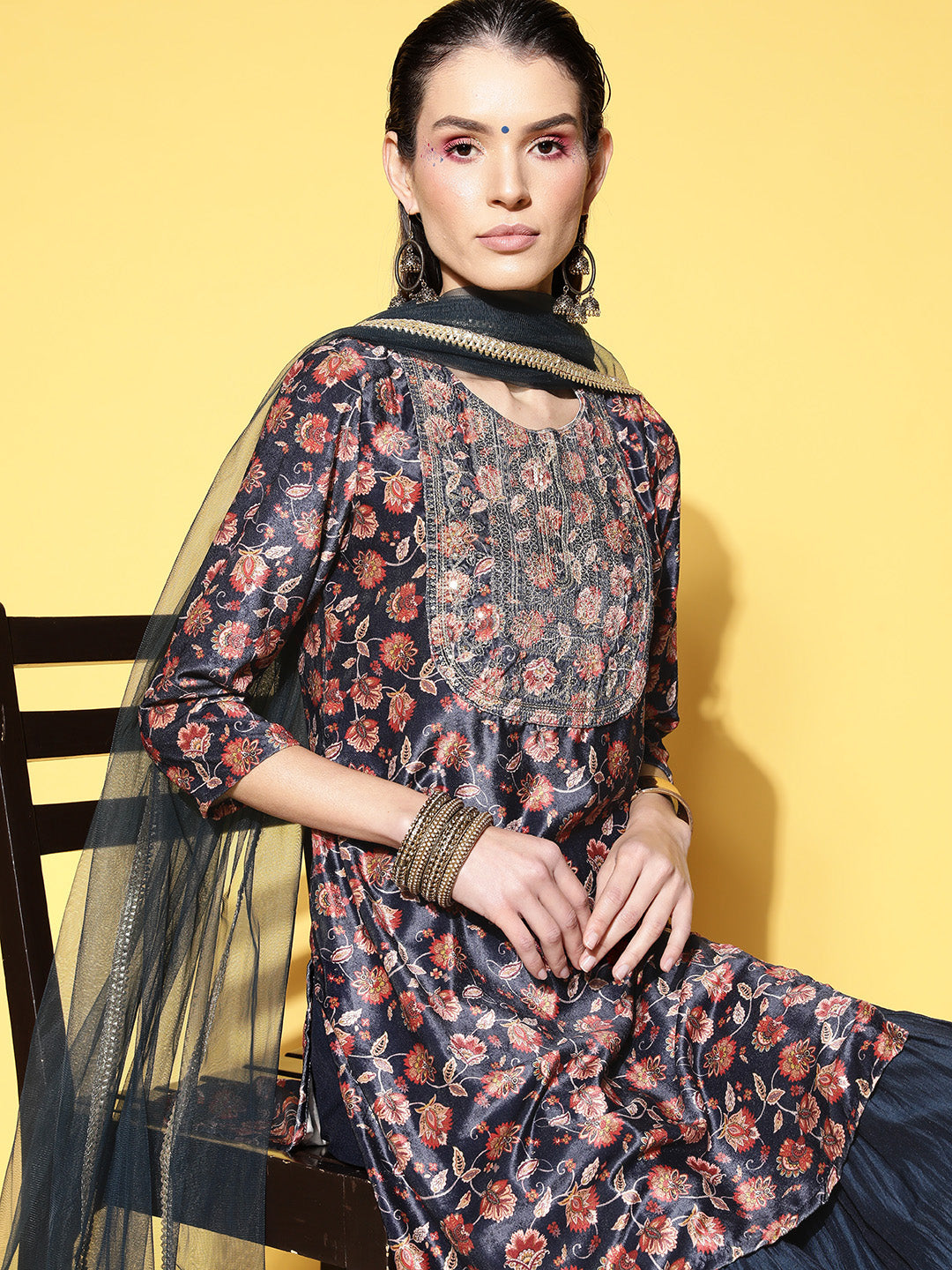Sunehri Women's Velvet Navy Blue Embroidered A-Line Kurta Sharara Dupatta Set