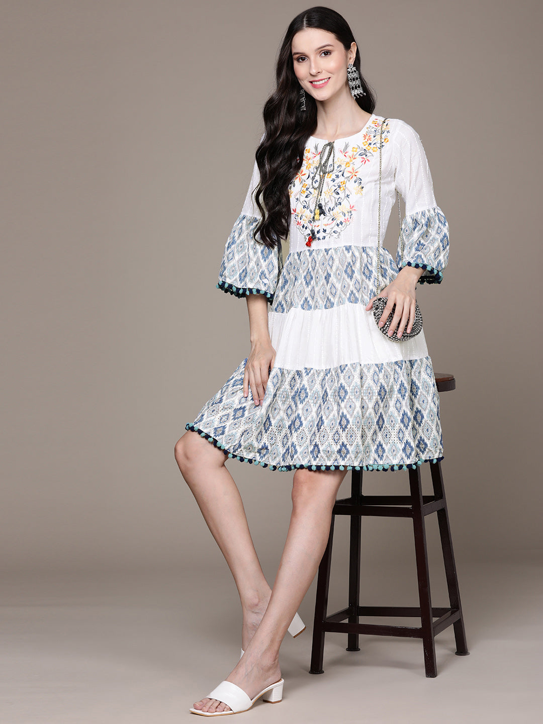 Ishin Women's White & Blue Embroidered A-Line Dress